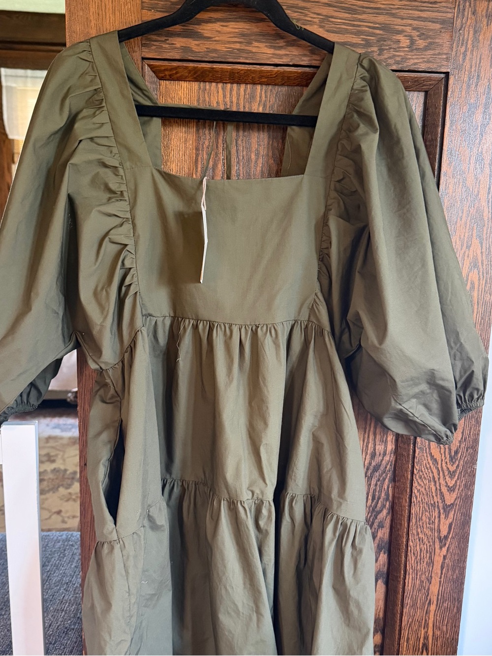 a new day Olive Green Puff Sleeve Tiered Midi Dress